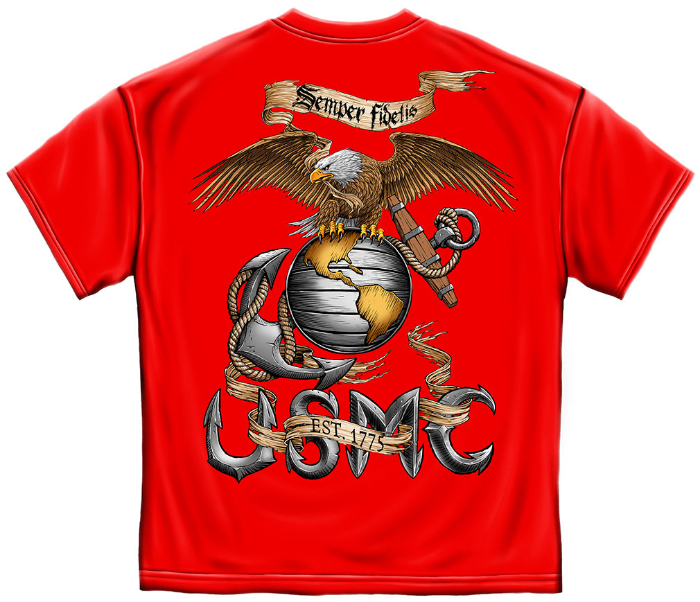 USMC Marine Corps Red T-Shirt – Double Flags Print Globe & American Flag (Men's)